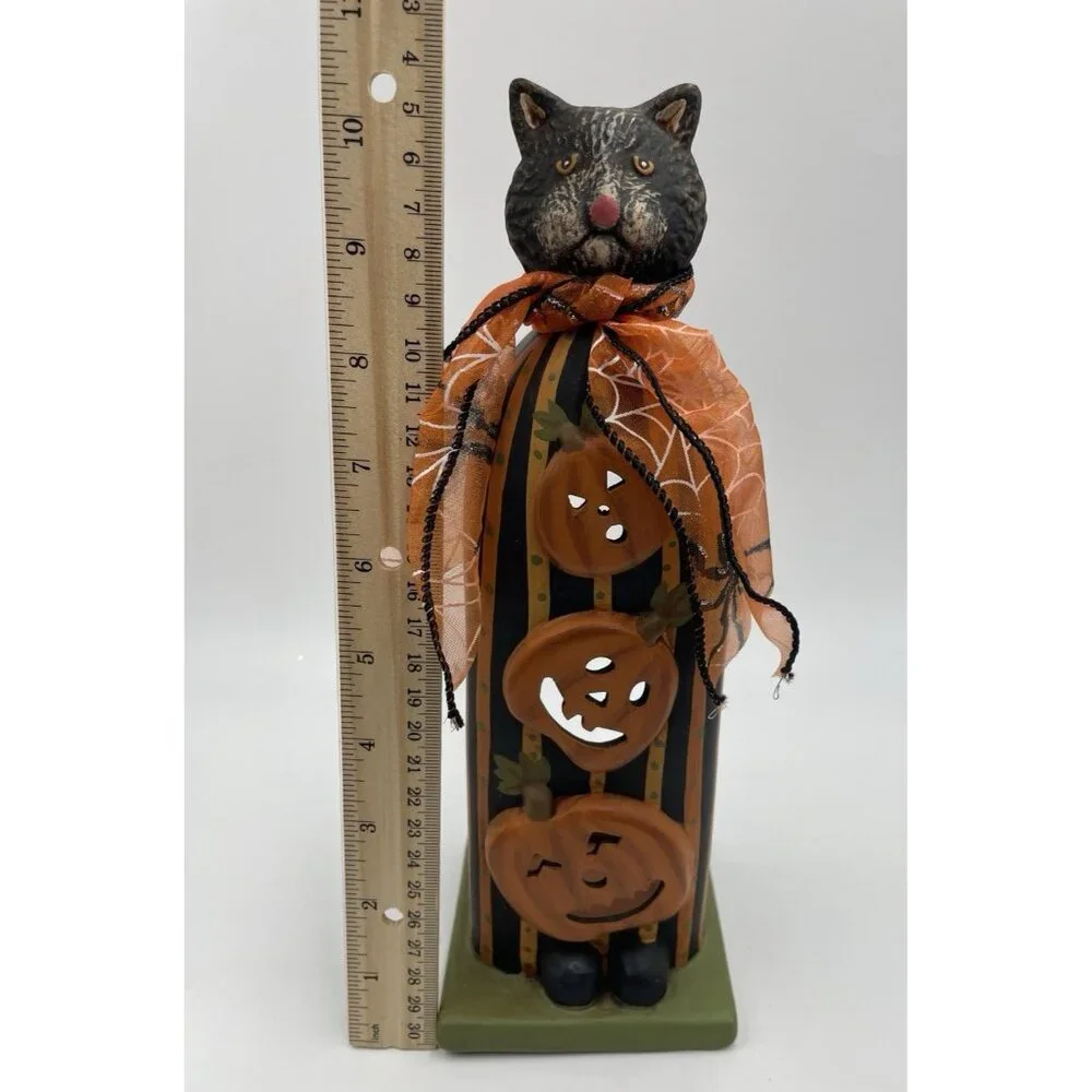 Halloween Black Cat Pumpkin Tea Candle Holder Ceramic Statue Folk Decoration 10" - Picture 10 of 11